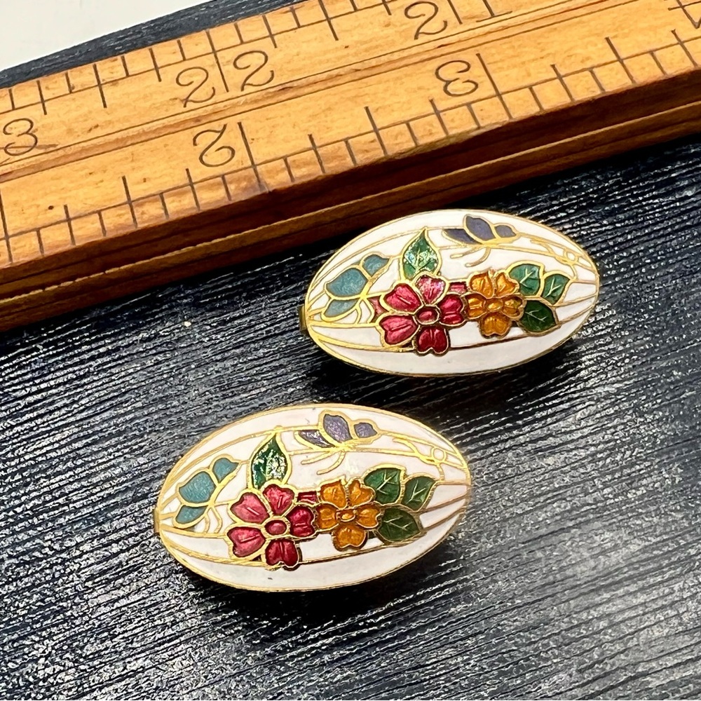 Vintage cloisonné clip on earrings ivory floral butterflies colorful ovals